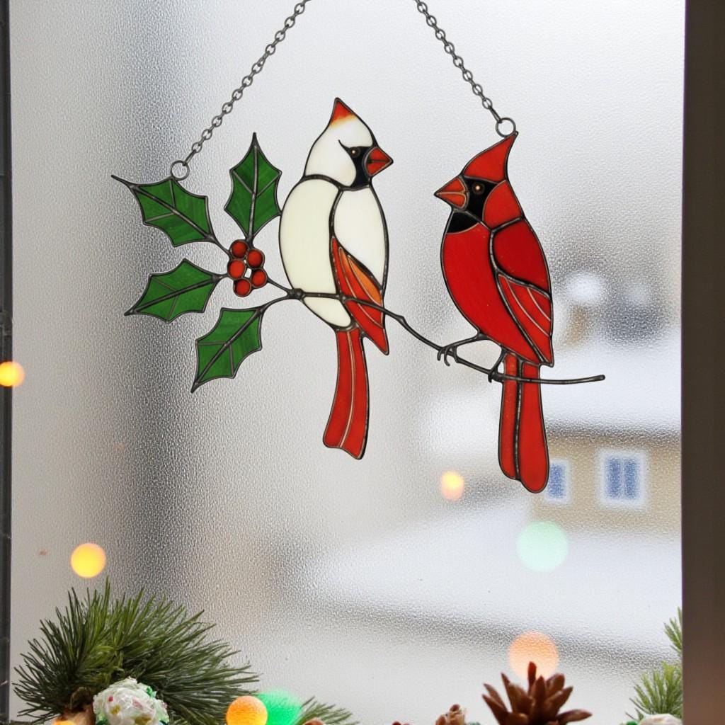 Stained Glass Cardinal Suncatcher, Memorial Gift for Mom, Sympathy Bird Art Decor, Christmas Window Hanging, Unique Bereavement Gift, friend