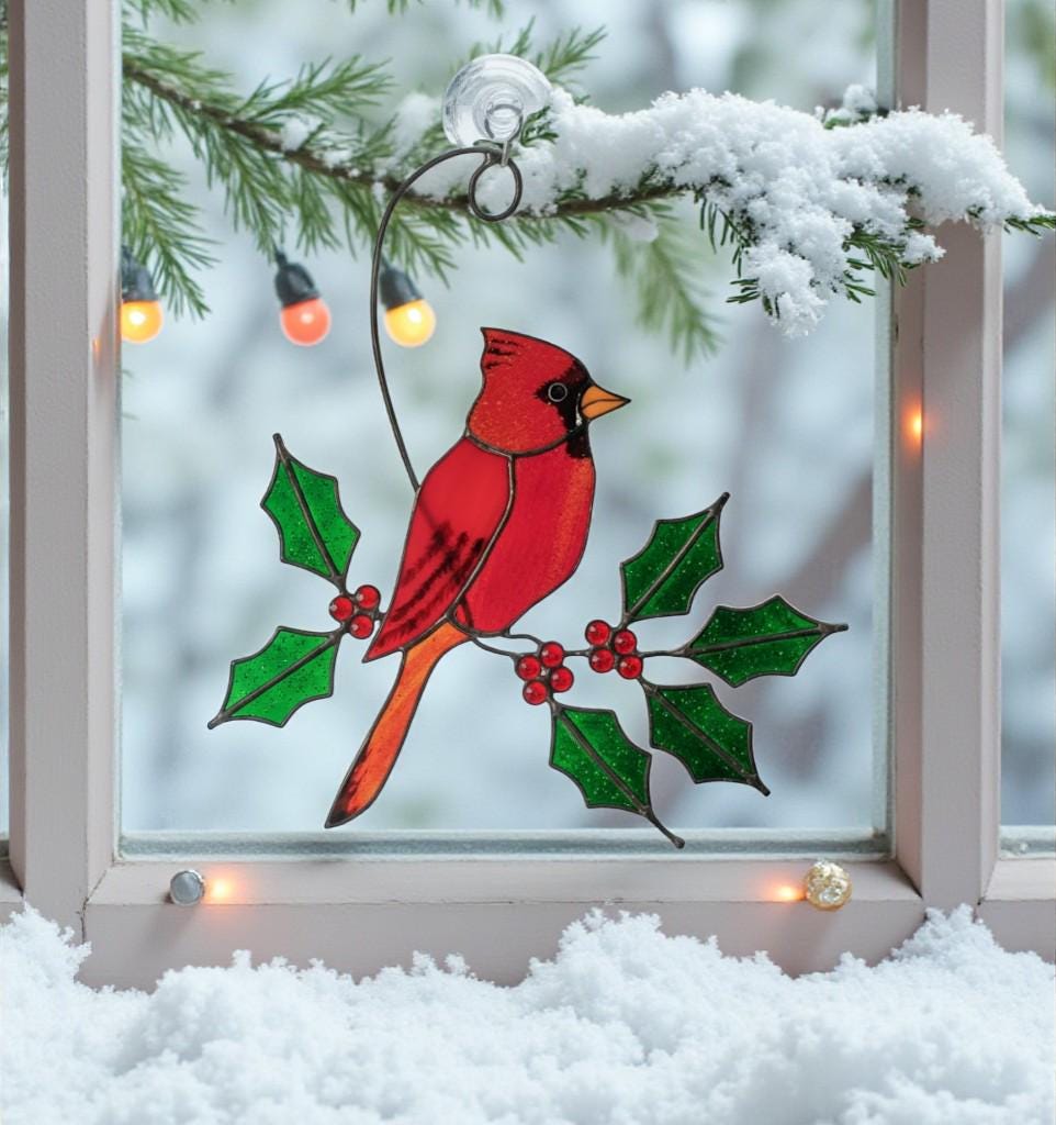 Stained Glass Cardinal Suncatcher, Memorial Gift for Mom, Sympathy Bird Art Decor, Christmas Window Hanging, Unique Bereavement Gift, friend