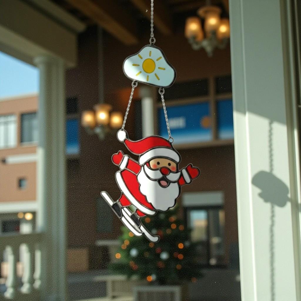 Skiing Santa Stained Glass Suncatcher, Christmas Window Decor, Unique Holiday Gift, Santa Ornament, Winter Wall Art, Handmade Christmas Gift
