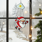 Skiing Santa Stained Glass Suncatcher, Christmas Window Decor, Unique Holiday Gift, Santa Ornament, Winter Wall Art, Handmade Christmas Gift