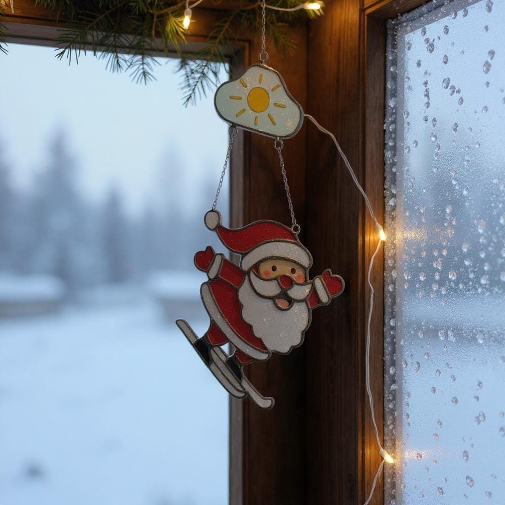 Skiing Santa Stained Glass Suncatcher, Christmas Window Decor, Unique Holiday Gift, Santa Ornament, Winter Wall Art, Handmade Christmas Gift