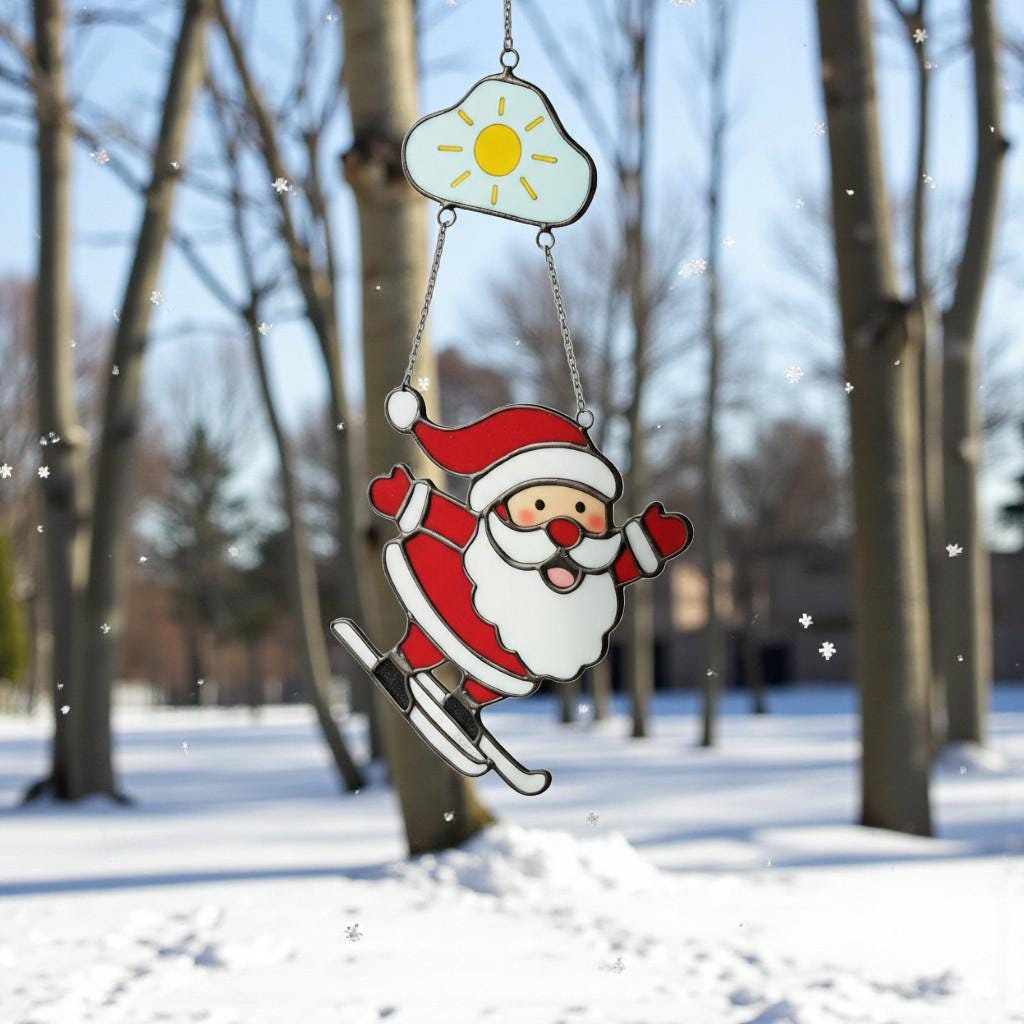 Skiing Santa Stained Glass Suncatcher, Christmas Window Decor, Unique Holiday Gift, Santa Ornament, Winter Wall Art, Handmade Christmas Gift