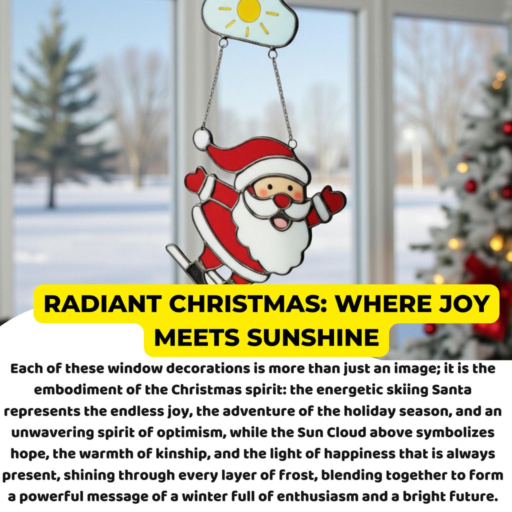 Skiing Santa Stained Glass Suncatcher, Christmas Window Decor, Unique Holiday Gift, Santa Ornament, Winter Wall Art, Handmade Christmas Gift