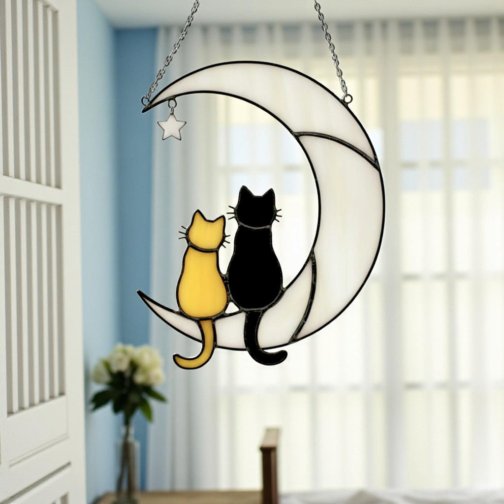 Handmade Stained Glass Cat on the Moon Suncatcher, Moon Window Hanging, Cat Lover Gift, Pet Memorial Keepsake, Peaceful Home Decor Art
