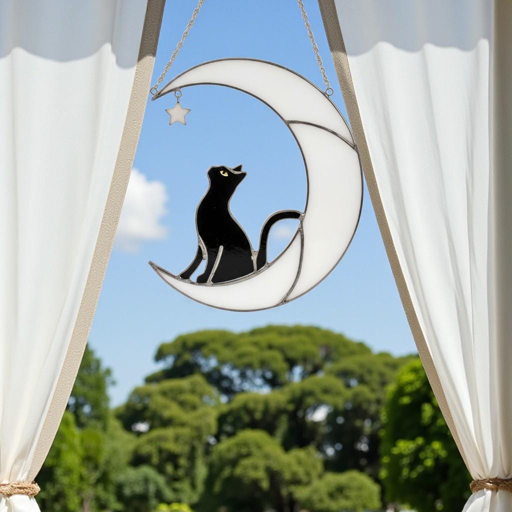 Handmade Stained Glass Cat on the Moon Suncatcher, Moon Window Hanging, Cat Lover Gift, Pet Memorial Keepsake, Peaceful Home Decor Art