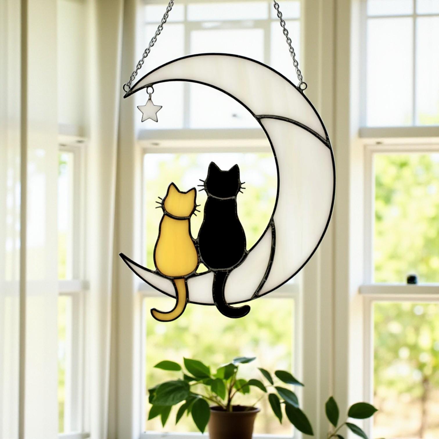 Handmade Stained Glass Cat on the Moon Suncatcher, Moon Window Hanging, Cat Lover Gift, Pet Memorial Keepsake, Peaceful Home Decor Art