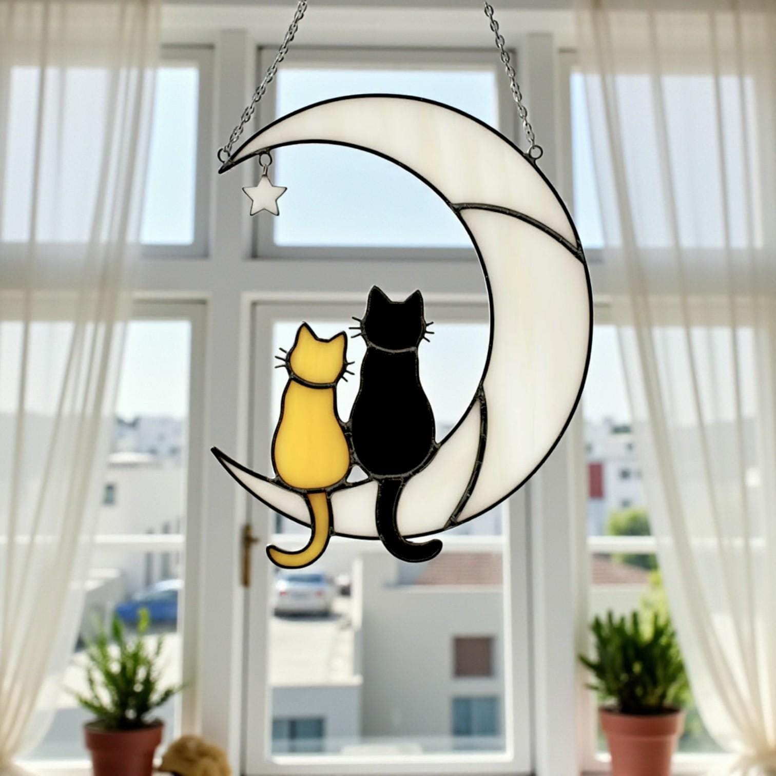 Stained Glass Cat on the Moon Suncatcher, Cat Memorial Gift, Pet Loss Keepsake, Handmade Window Hanging Art, Cat Lover Home Décor Gift