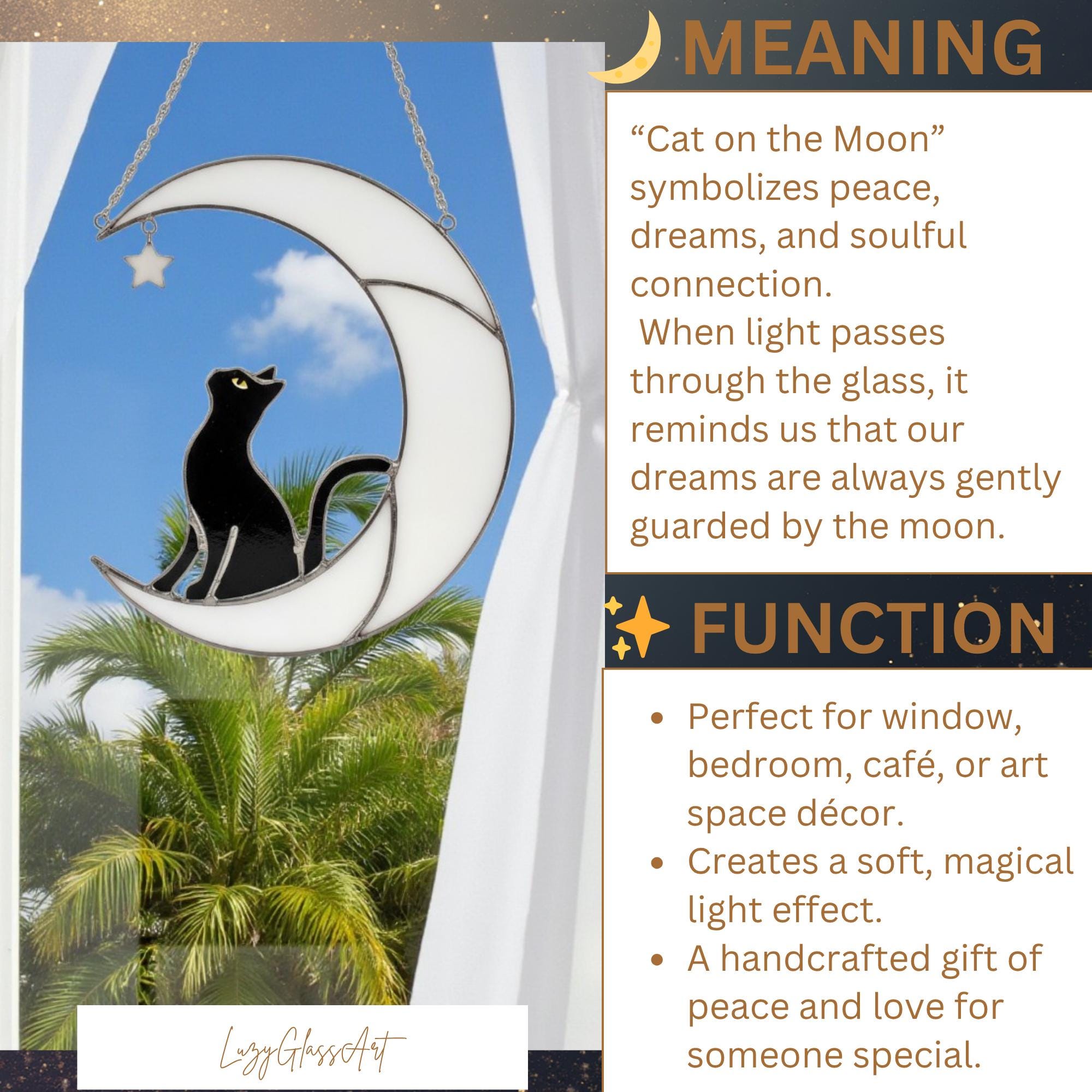 Handmade Stained Glass Cat on the Moon Suncatcher, Moon Window Hanging, Cat Lover Gift, Pet Memorial Keepsake, Peaceful Home Decor Art