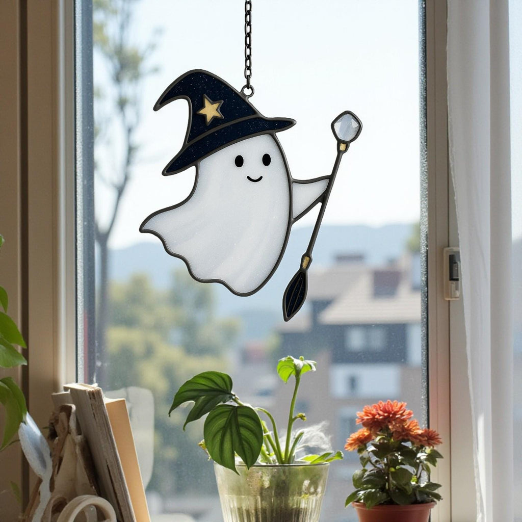 Handmade stained glass ghost with wand Halloween ornament for window decoration