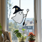 Handmade stained glass ghost with wand Halloween ornament for window decoration