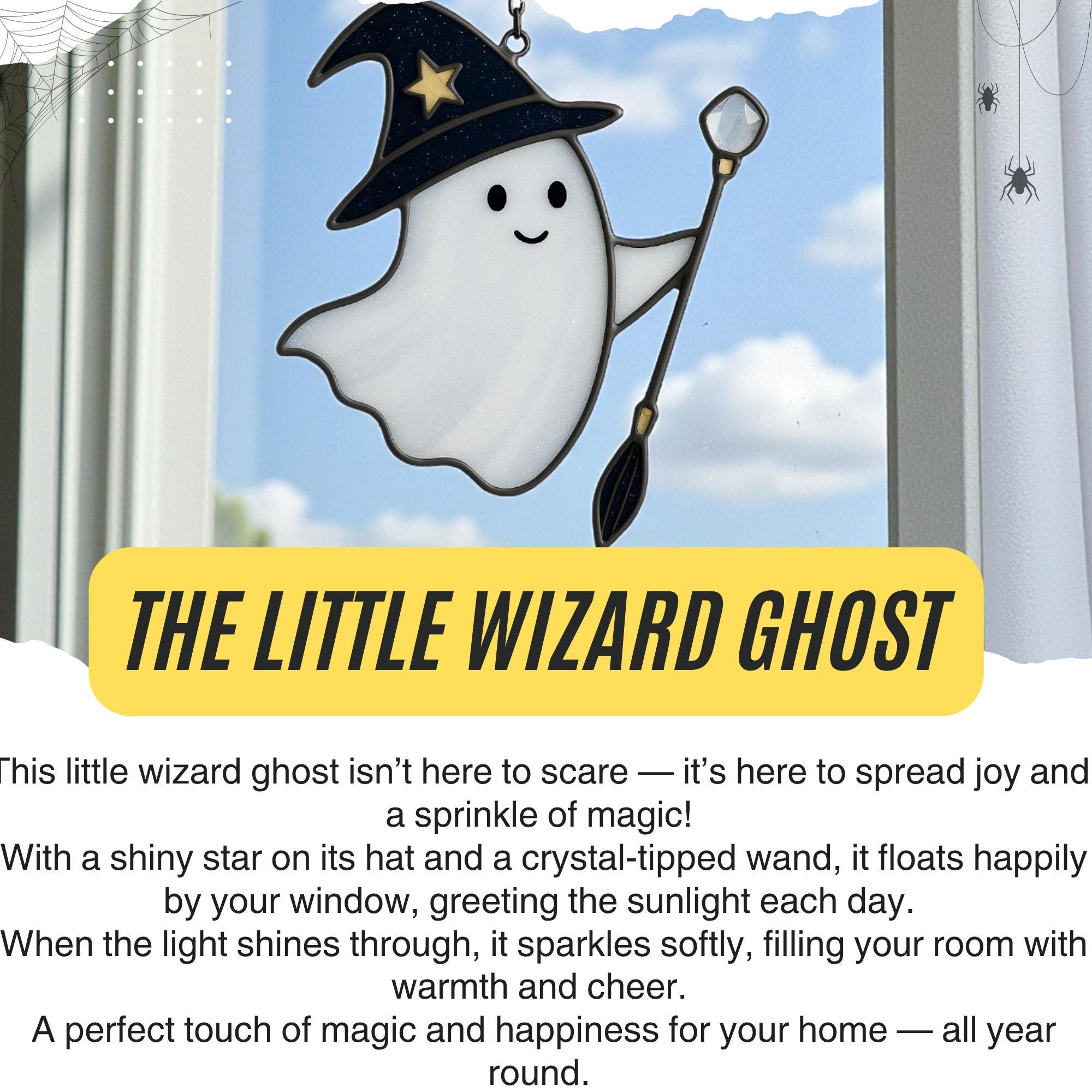 Halloween stained glass wizard ghost with witch hat for fall home decoration