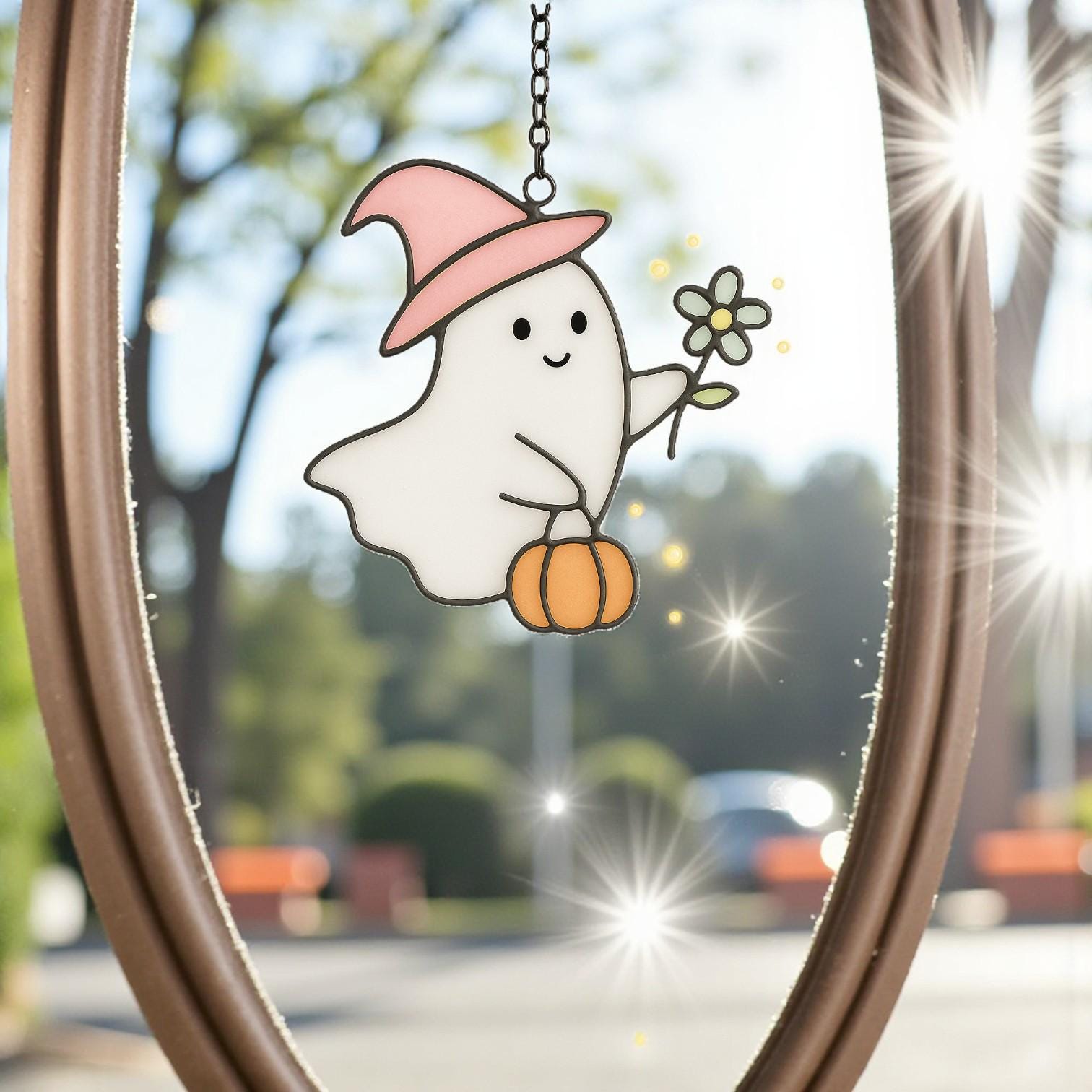 Cute stained glass wizard ghost Halloween window hanging decoration