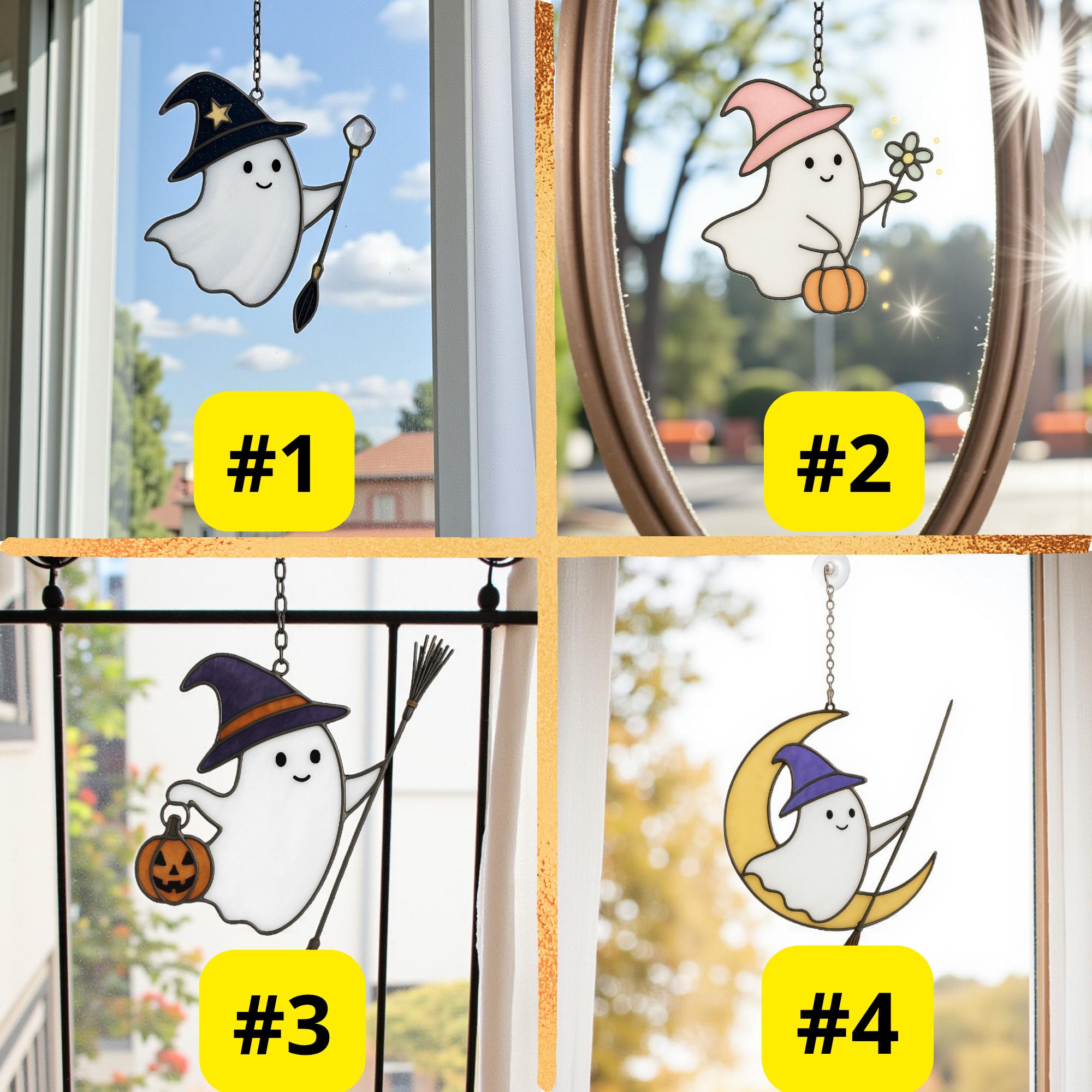 Unique stained glass ghost with wand Halloween suncatcher window décor