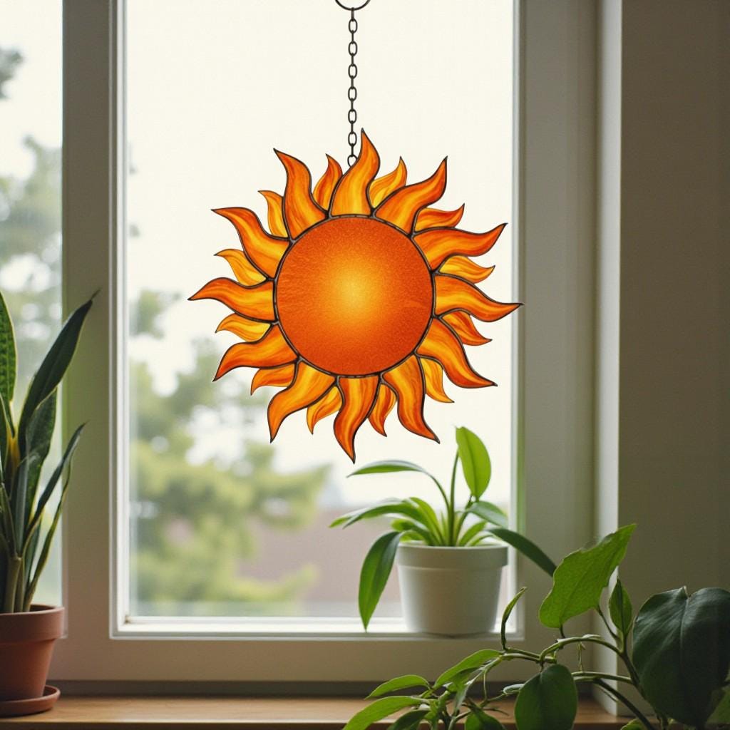 Stained Glass Sun Suncatcher – Handmade Sunlight Window Decor, Gift for Her, Mom, or Friend, Boho Wall Hanging, Summer Home Decoration Art