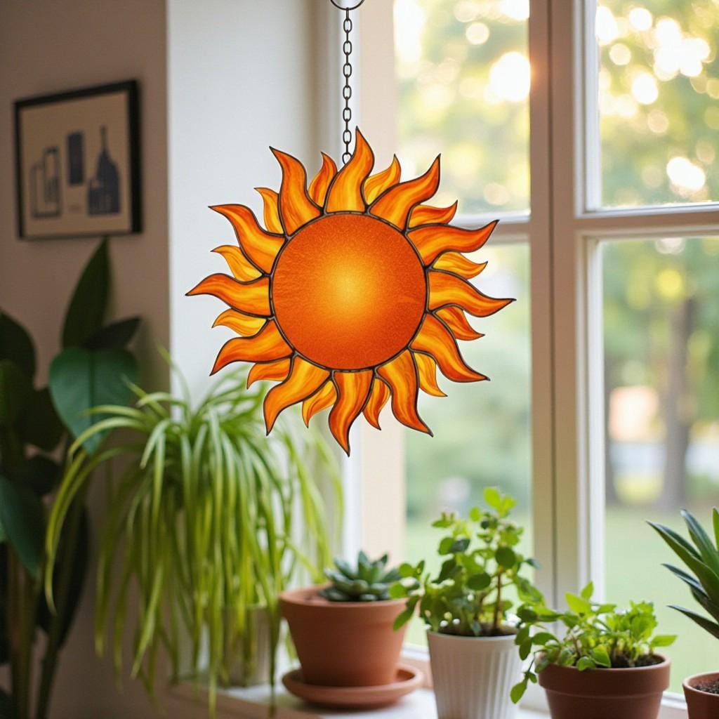 Stained Glass Sun Suncatcher – Handmade Sun Window Decor, Boho Wall Hanging Ornament, Summer Home Decoration Gift for Her, Mom, or Friend