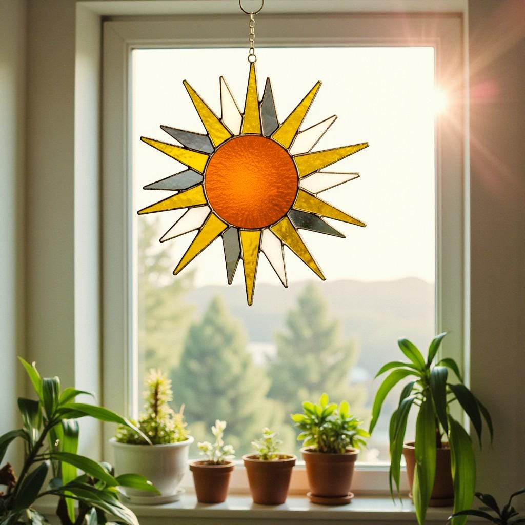Stained Glass Sun Suncatcher – Handmade Sun Window Decor, Boho Wall Hanging Ornament, Summer Home Decoration Gift for Her, Mom, or Friend