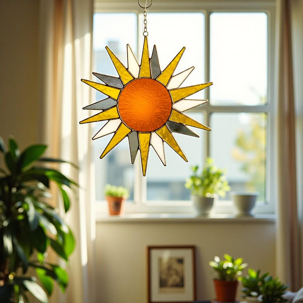 Stained Glass Sun Suncatcher – Handmade Sun Window Decor, Boho Wall Hanging Ornament, Summer Home Decoration Gift for Her, Mom, or Friend
