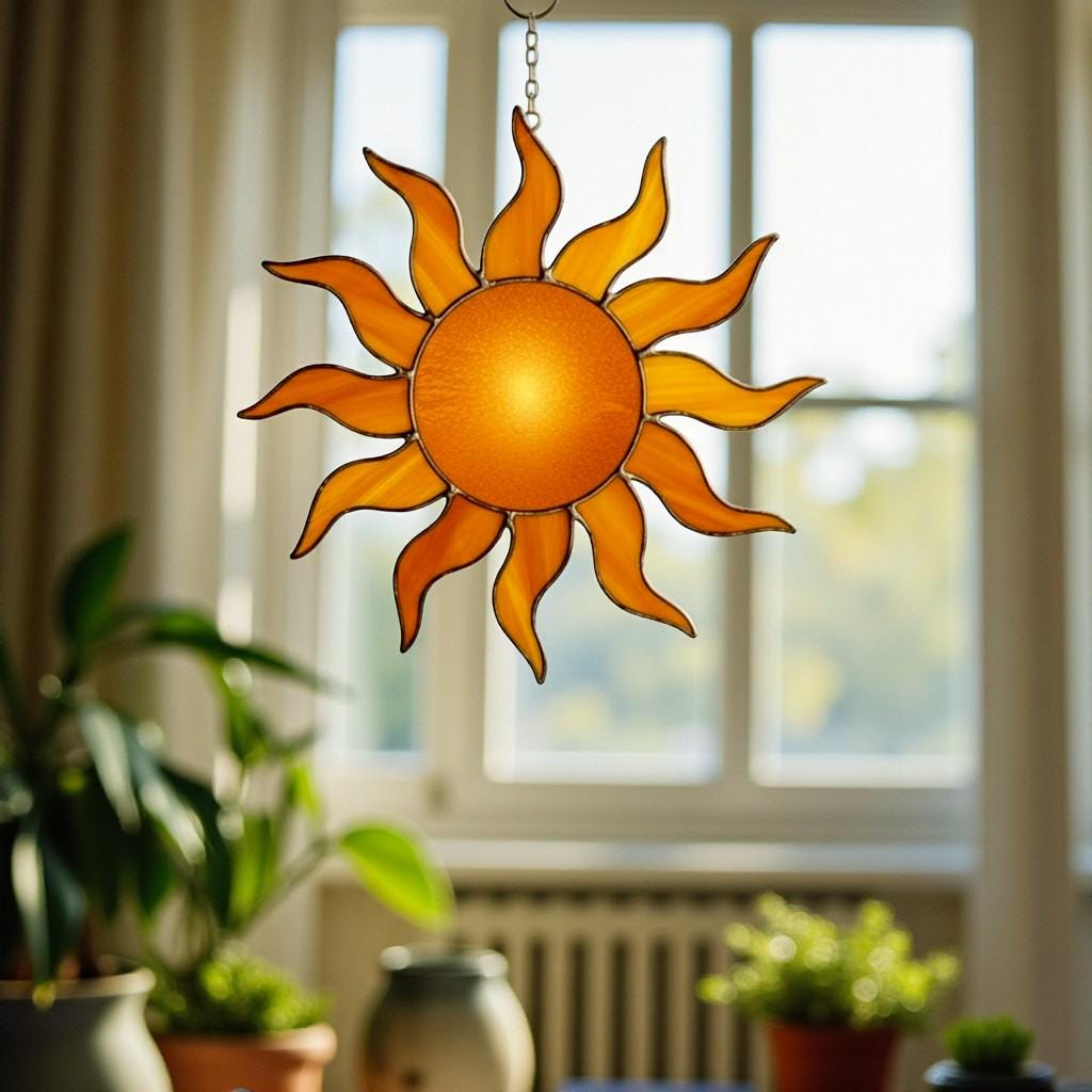 Stained Glass Sun Suncatcher – Handmade Sun Window Decor, Boho Wall Hanging Ornament, Summer Home Decoration Gift for Her, Mom, or Friend