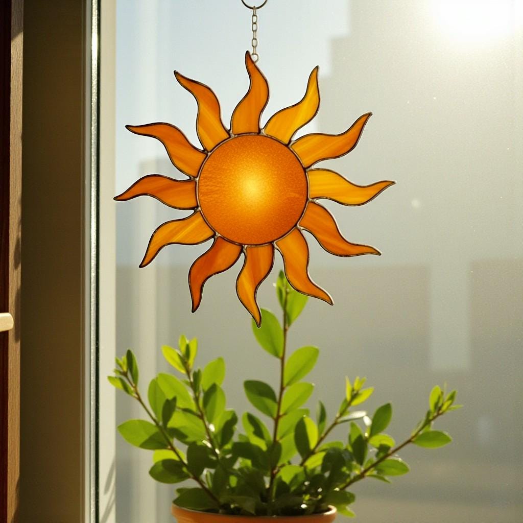Stained Glass Sun Suncatcher – Handmade Sun Window Decor, Boho Wall Hanging Ornament, Summer Home Decoration Gift for Her, Mom, or Friend