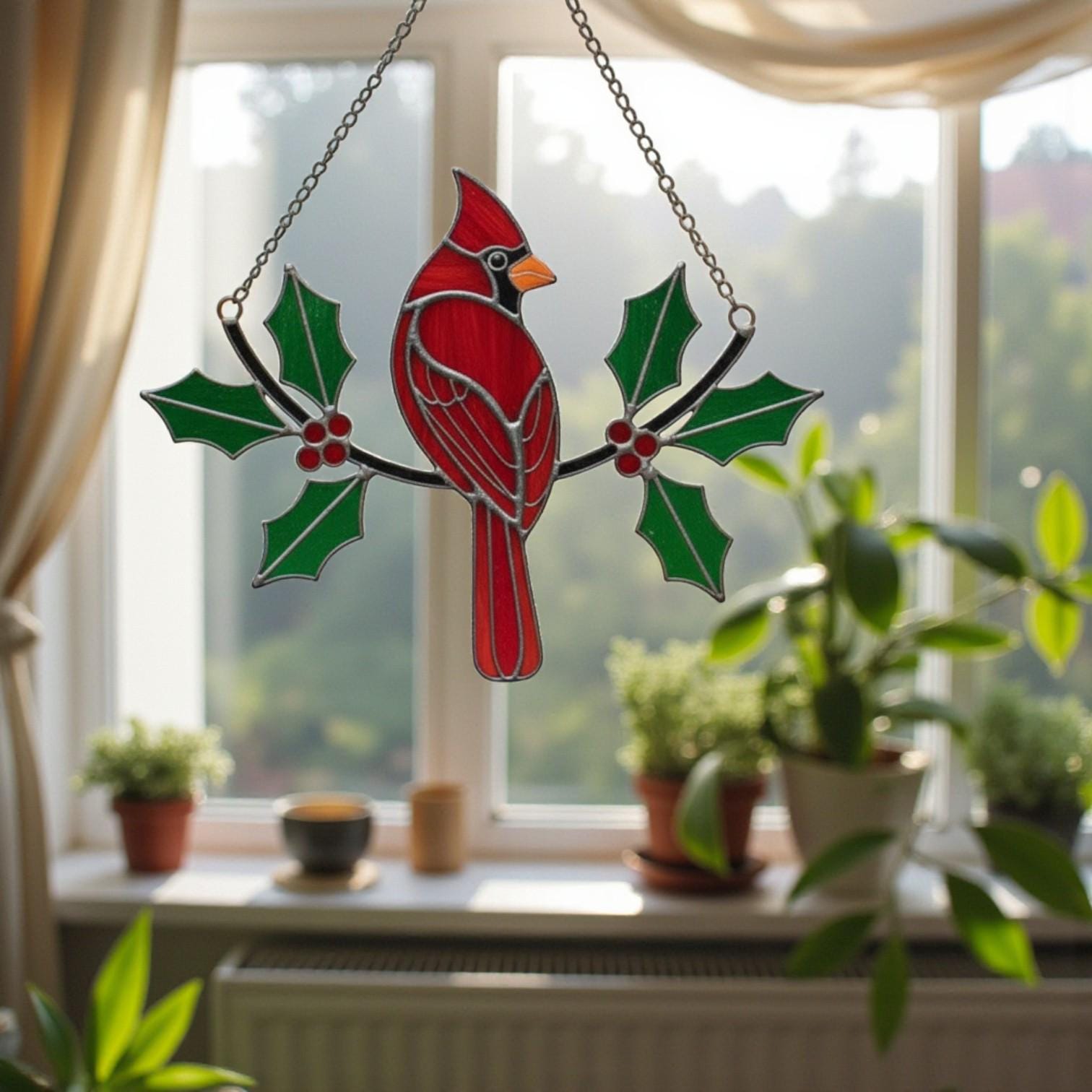 Stained glass cardinal bird ornament on green holly leaves – perfect Christmas or memorial gift idea.