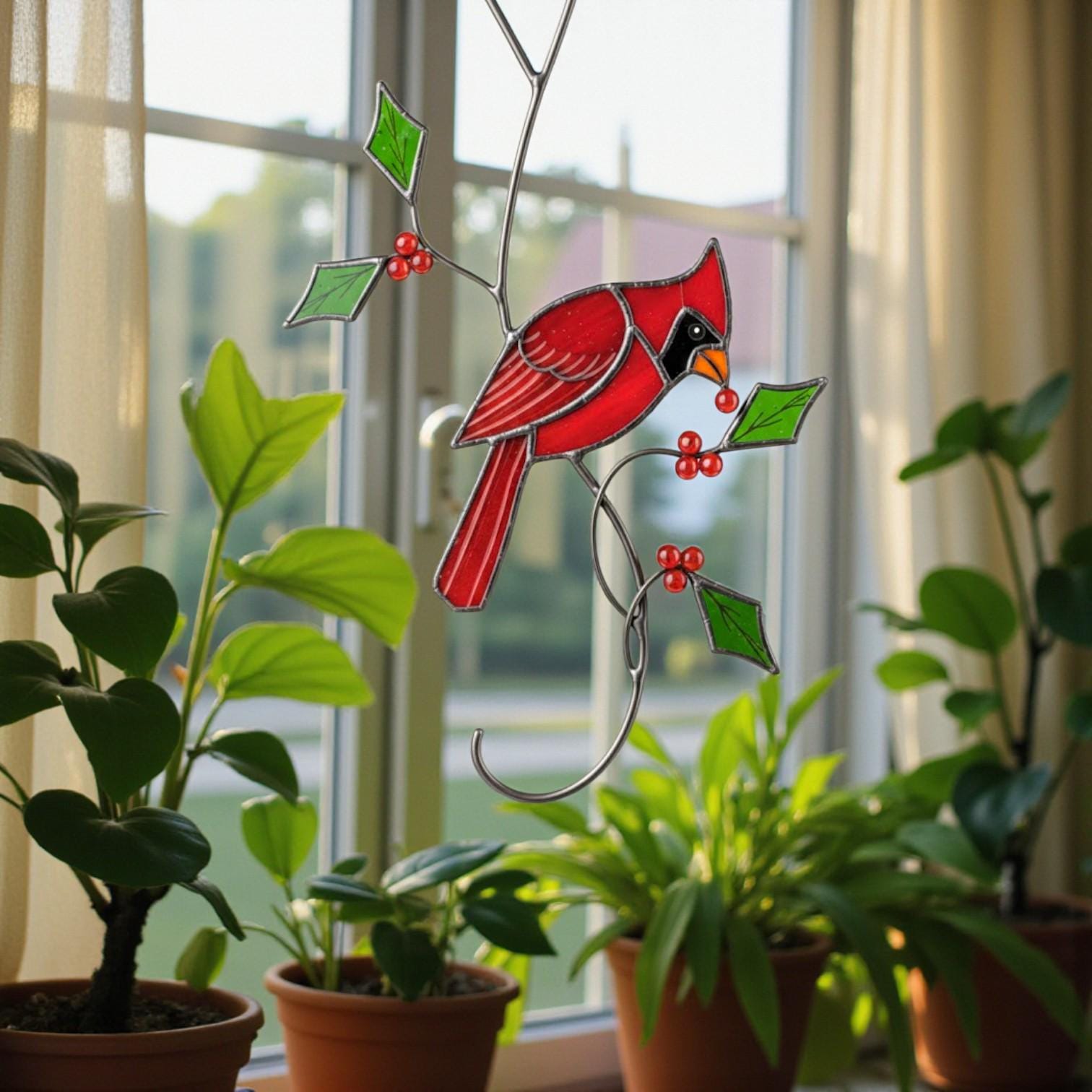 Cardinal bird window decor glowing in sunlight – elegant handmade suncatcher for Christmas or memorial.