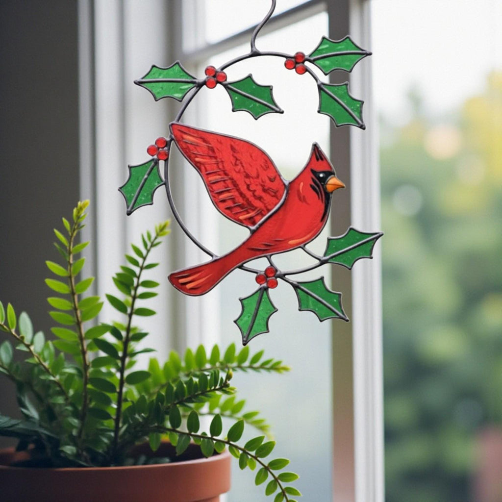 Stained glass red cardinal with holly berries – perfect handmade bird ornament gift for mom or grandma.