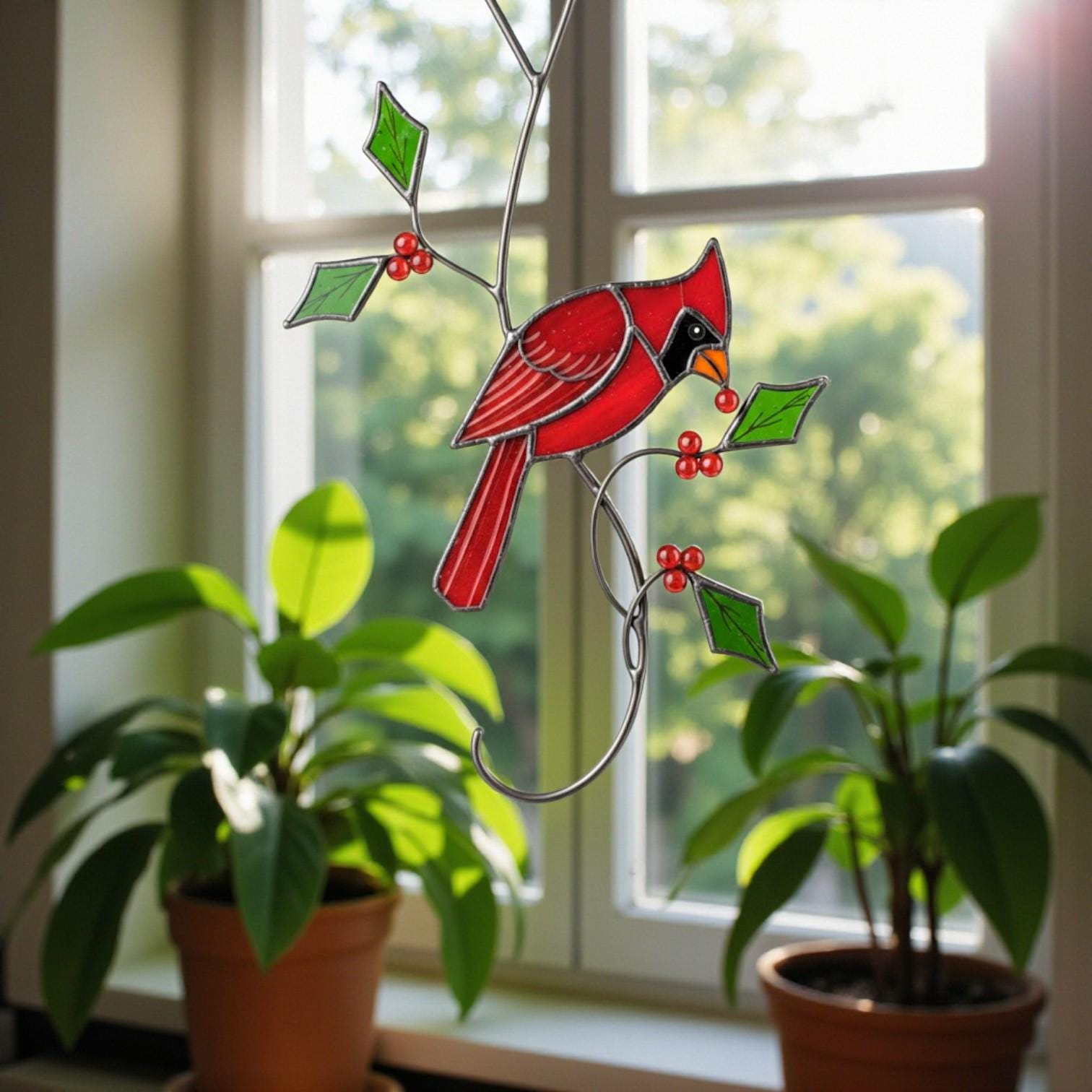 Red glass cardinal bird hanging near plants – cozy handmade Christmas home window decoration.