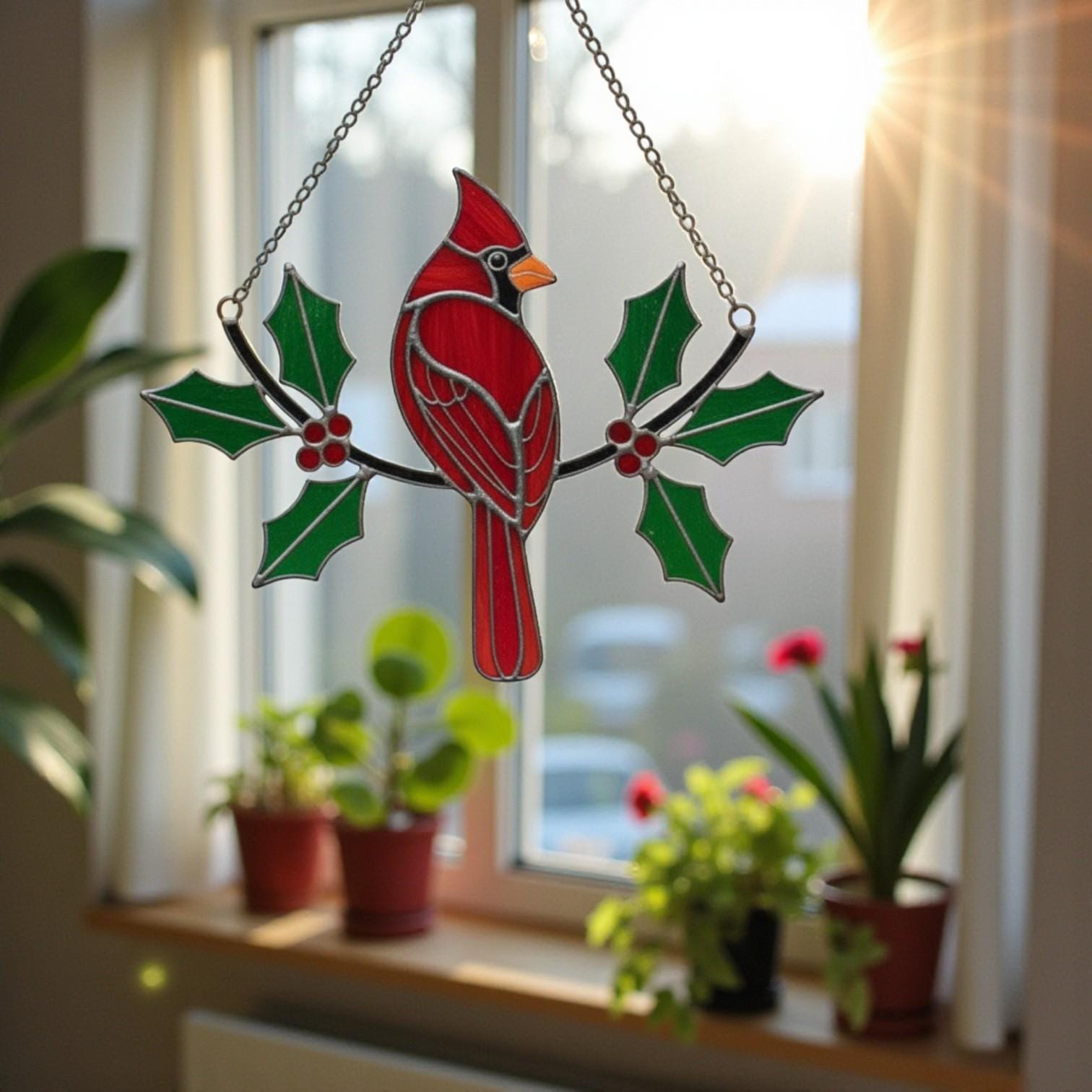 Red stained glass cardinal bird sitting on holly branch – beautiful handmade Christmas window decoration.