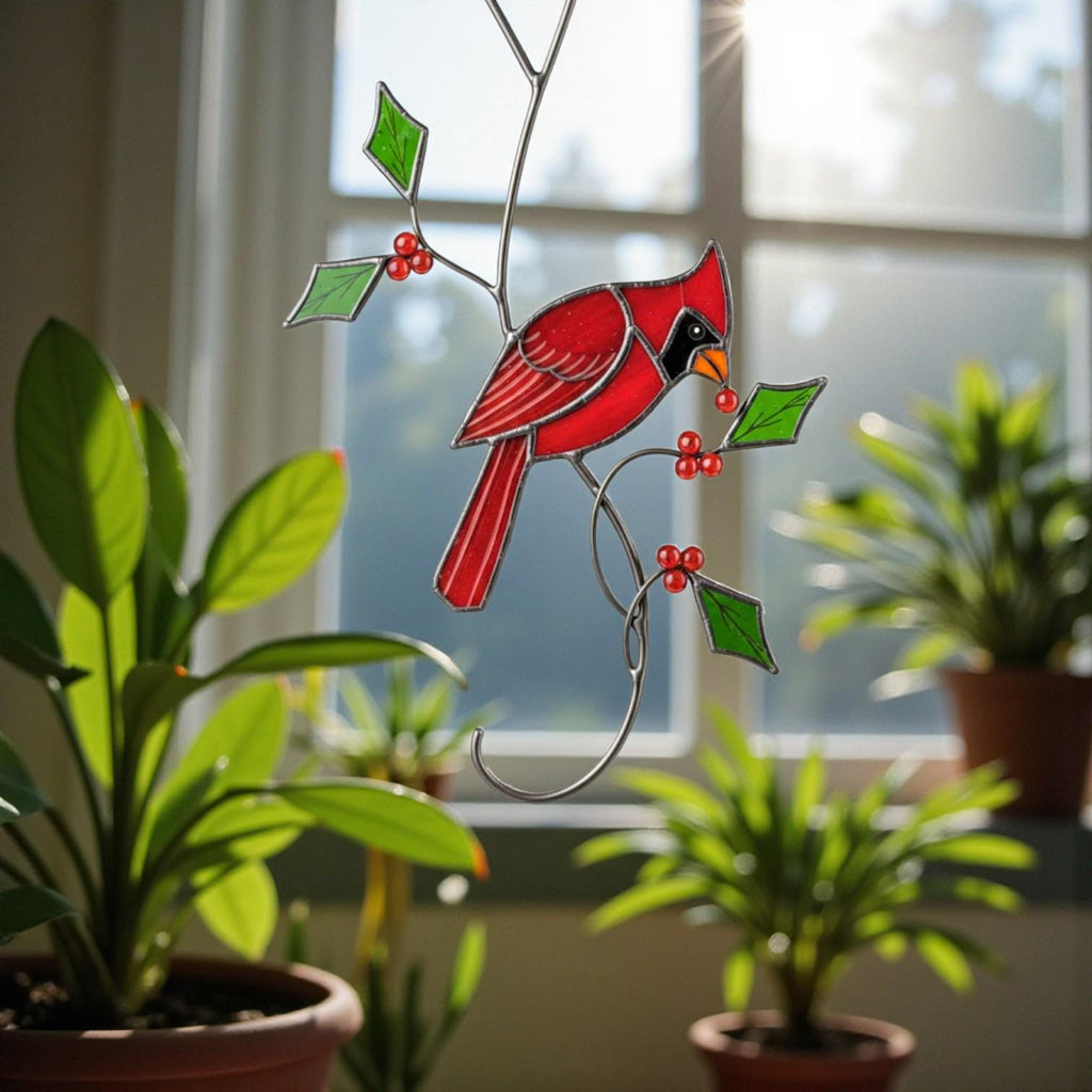 Vibrant red stained glass cardinal – symbolic bird lover gift and memorial decor for home window.