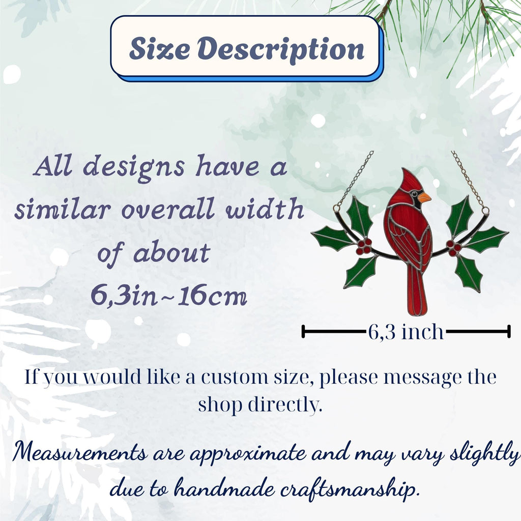 Red and green glass cardinal suncatcher on chain – boho holiday ornament for bright window display.