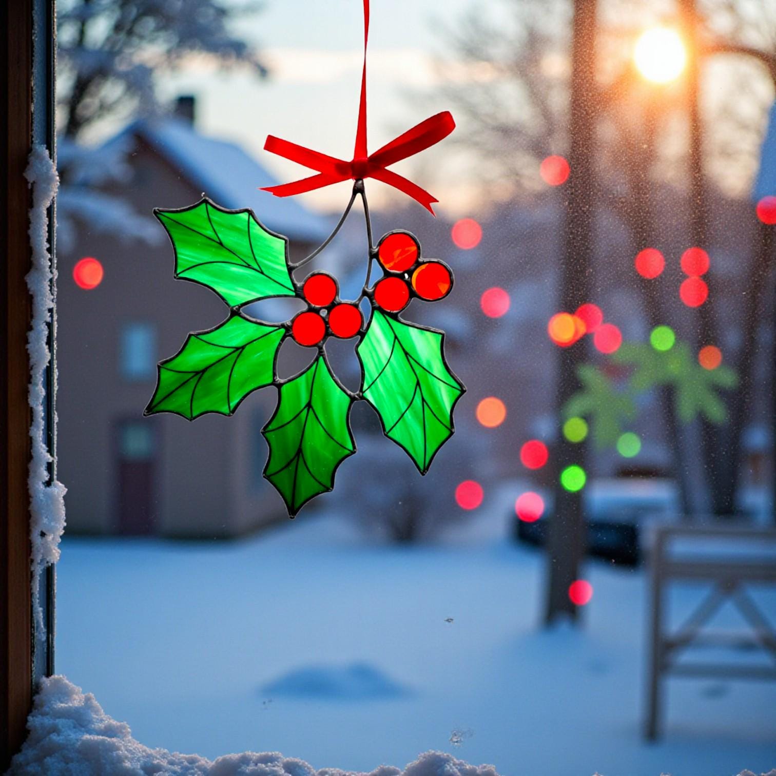Handmade glass Christmas ornament hanging on window – green holly leaf with red berries holiday decor.