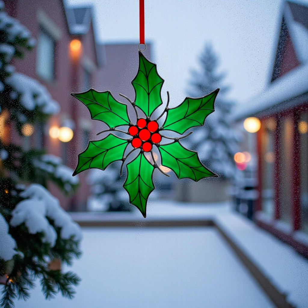 Green glass leaf ornament reflecting sunlight – handmade Christmas window decor.