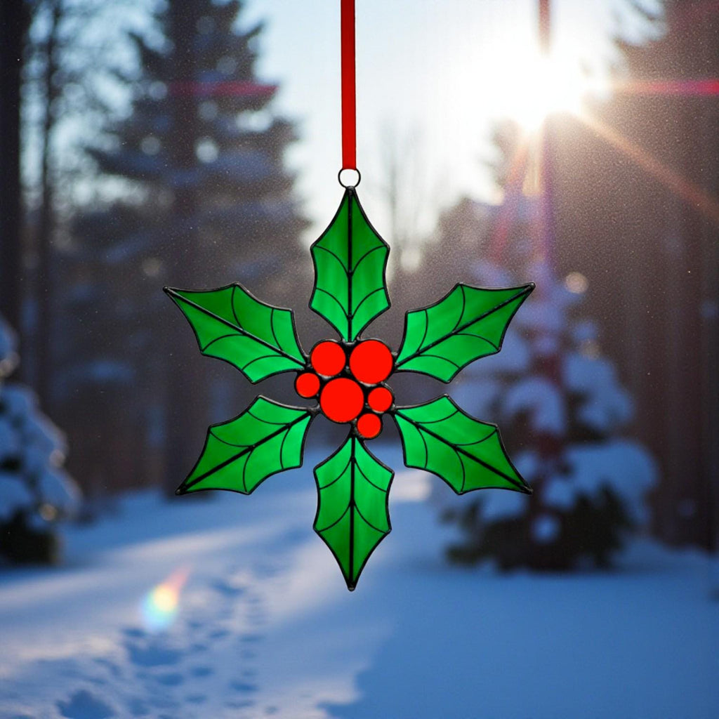 Beautiful holly suncatcher – handcrafted glass ornament gift for her or mom.