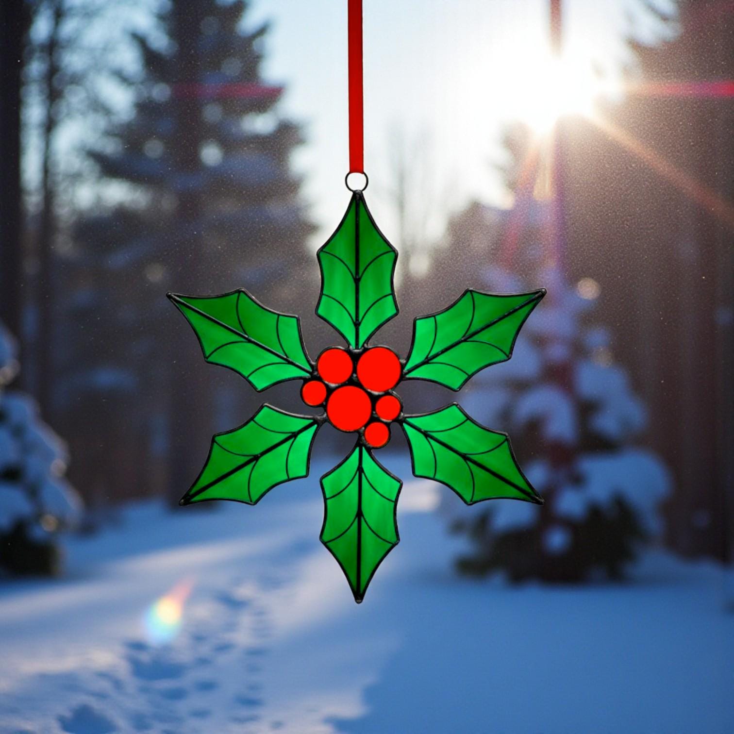 Beautiful holly suncatcher – handcrafted glass ornament gift for her or mom.