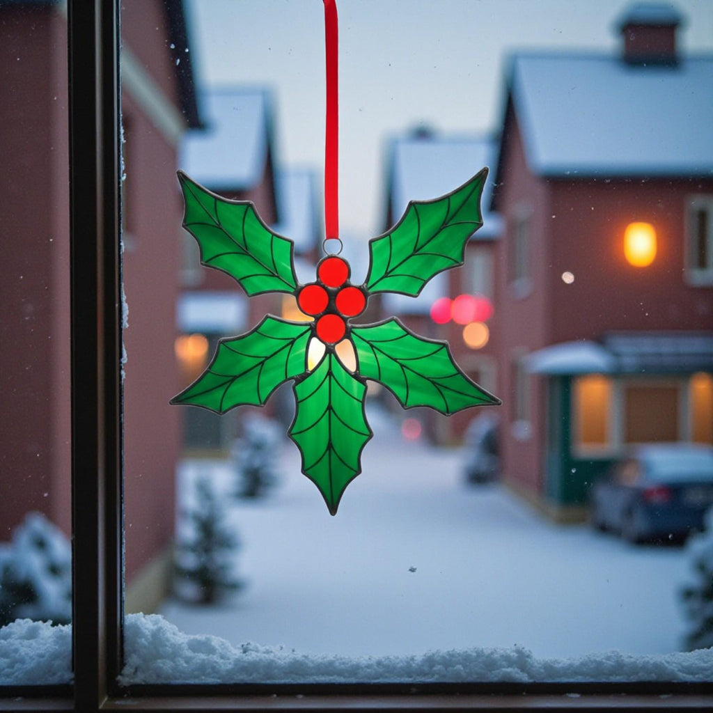 Christmas glass ornament glowing in window – handcrafted holiday home decor.