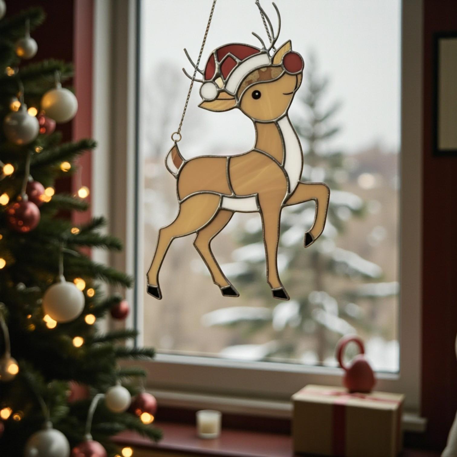 Rudolph Stained Glass Suncatcher Christmas Window Decor, Custom Reindeer Ornament Gift for Mom, Unique Holiday Wall Hanging Art,Personalized