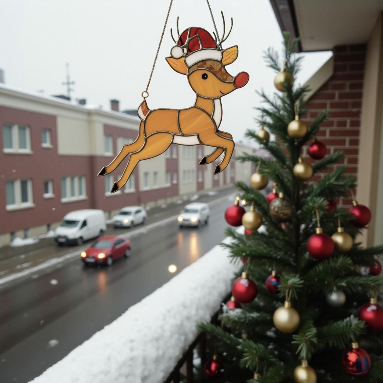 Rudolph Stained Glass Suncatcher Christmas Window Decor, Custom Reindeer Ornament Gift for Mom, Unique Holiday Wall Hanging Art,Personalized