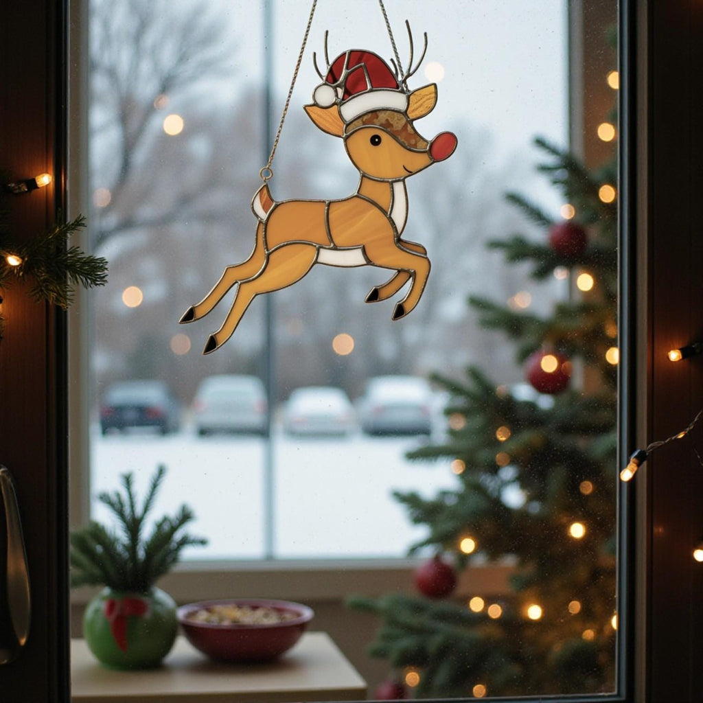 Rudolph Stained Glass Suncatcher Christmas Window Decor, Custom Reindeer Ornament Gift for Mom, Unique Holiday Wall Hanging Art,Personalized