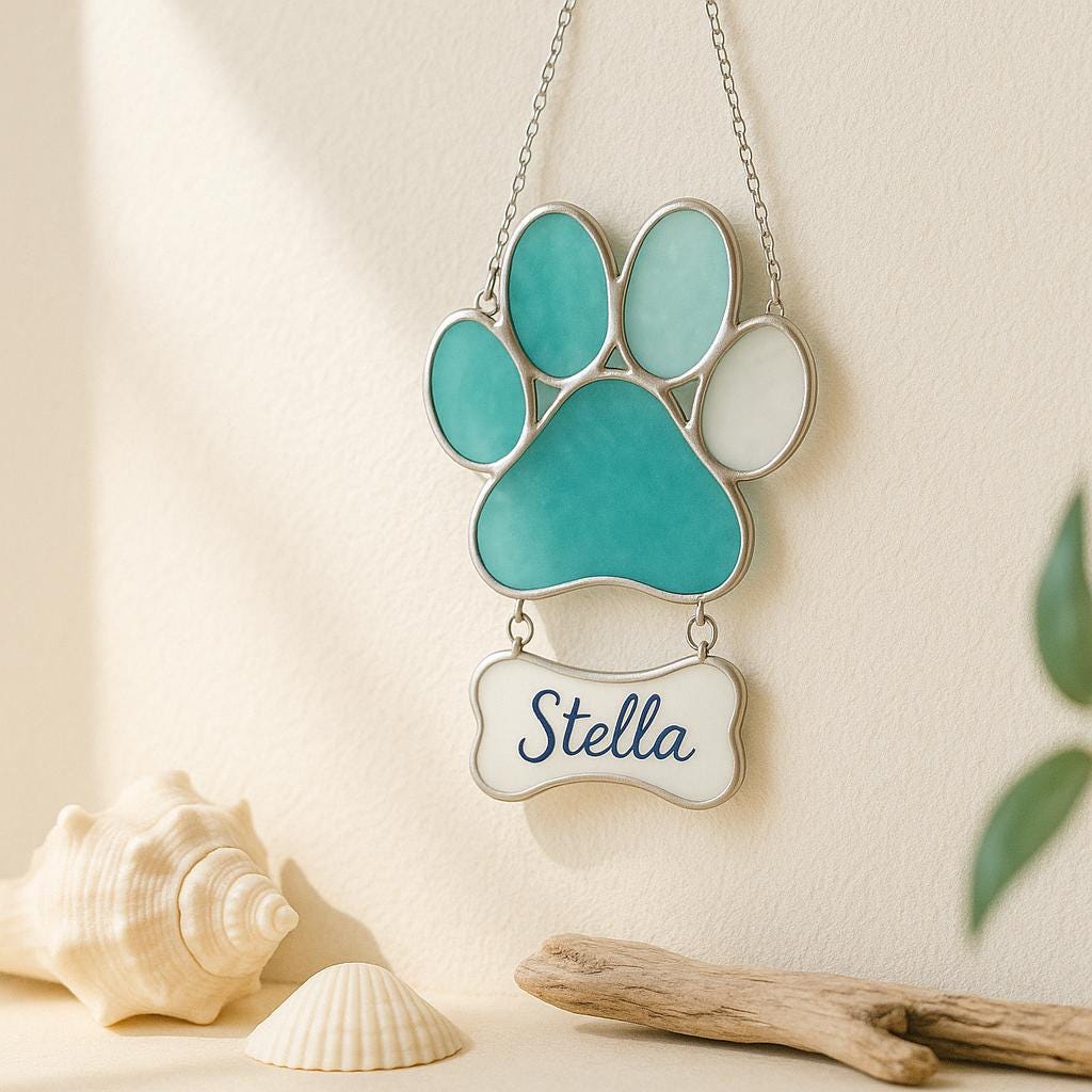 Personalized Stained Glass Paw Print Suncatcher | Custom Pet Memorial Gift | Dog Cat Loss Ornament Home Decor for Pet Lovers