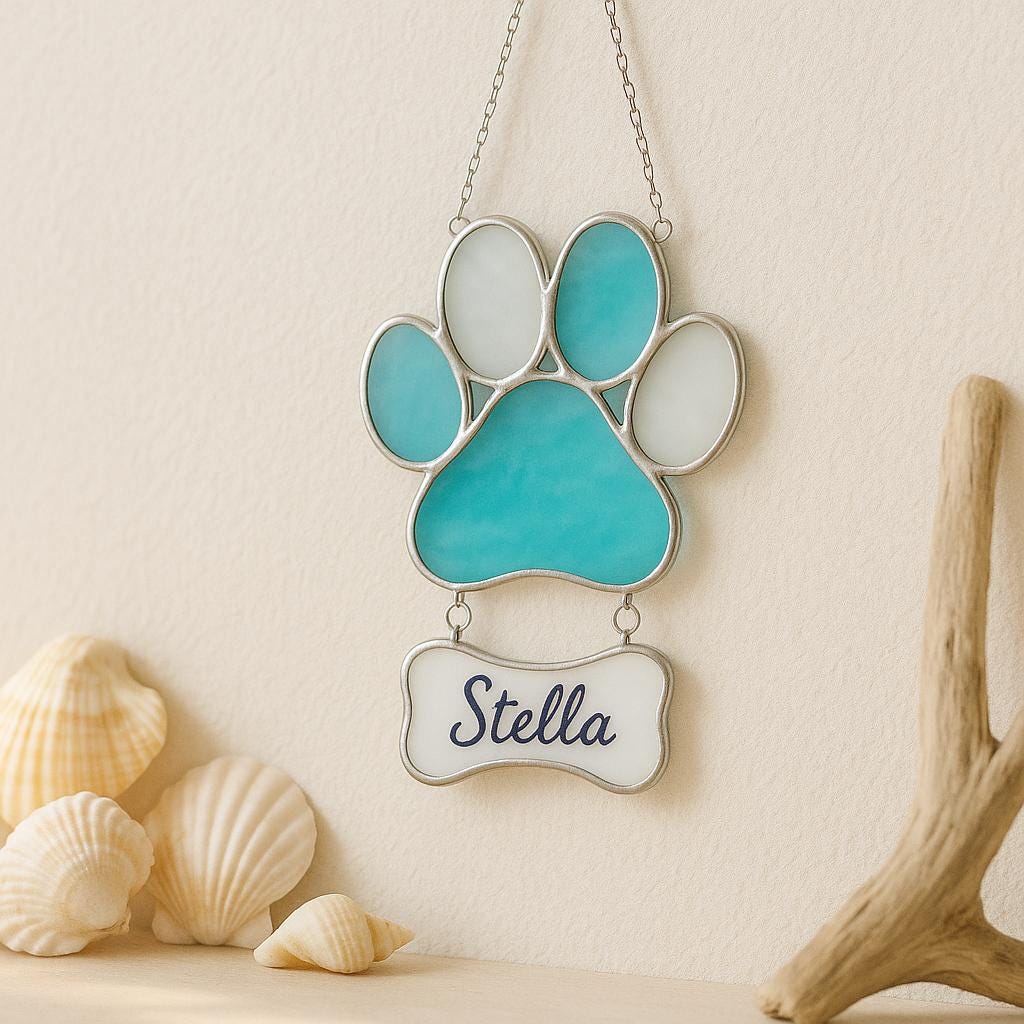 Personalized Stained Glass Paw Print Suncatcher | Custom Pet Memorial Gift | Dog Cat Loss Ornament Home Decor for Pet Lovers
