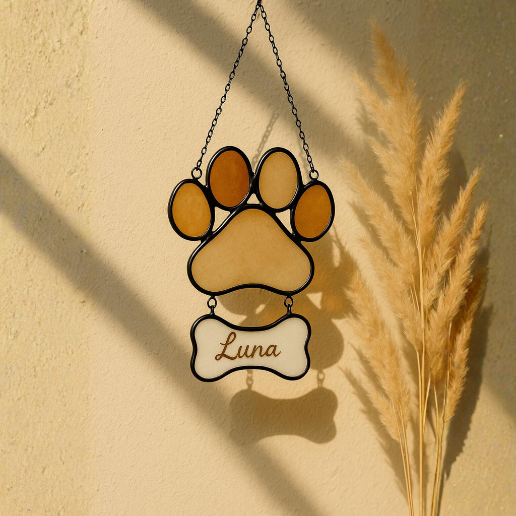 Personalized Stained Glass Paw Print Suncatcher | Custom Pet Memorial Gift | Dog Cat Loss Ornament Home Decor for Pet Lovers