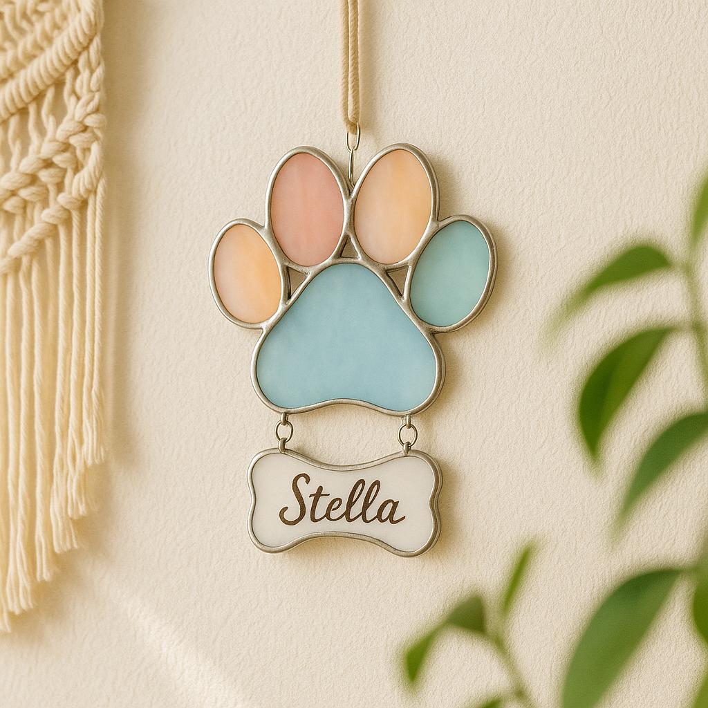 Personalized Stained Glass Paw Print Suncatcher | Custom Pet Memorial Gift | Dog Cat Loss Ornament Home Decor for Pet Lovers
