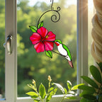 Vibrant red hibiscus flower stained glass suncatcher with hummingbird, handmade window art, perfect tropical decor gift for her.