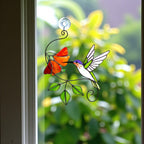 Colorful hummingbird stained glass suncatcher on window, handmade bird window hanging, unique spring decor gift for mom.