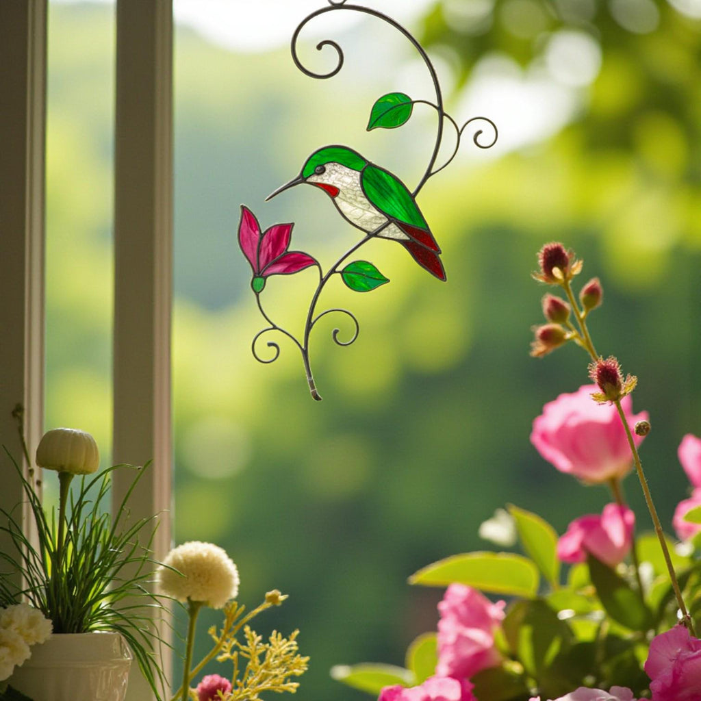 Orange poppy flower stained glass suncatcher with hummingbird, custom window art, handmade gift idea for bird lovers.