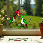 Orange poppy flower stained glass suncatcher with hummingbird, custom window art, handmade gift idea for bird lovers.