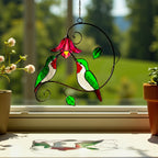 Orange poppy flower stained glass suncatcher with hummingbird, custom window art, handmade gift idea for bird lovers.
