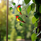 Two stained glass hummingbirds on a feeder, "Lovers Dance" window hanging, handmade custom bird art, unique romantic gift.