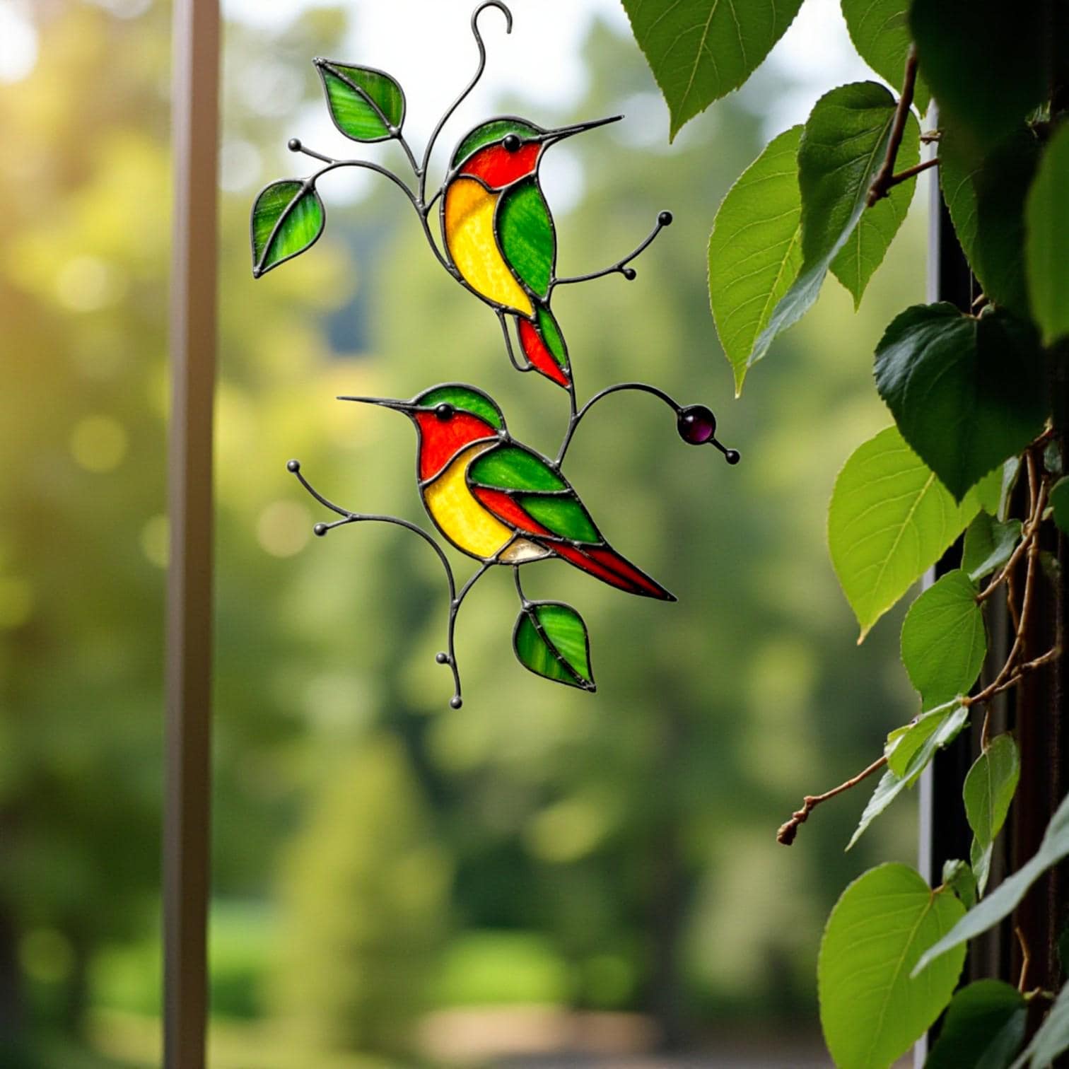Two stained glass hummingbirds on a feeder, "Lovers Dance" window hanging, handmade custom bird art, unique romantic gift.