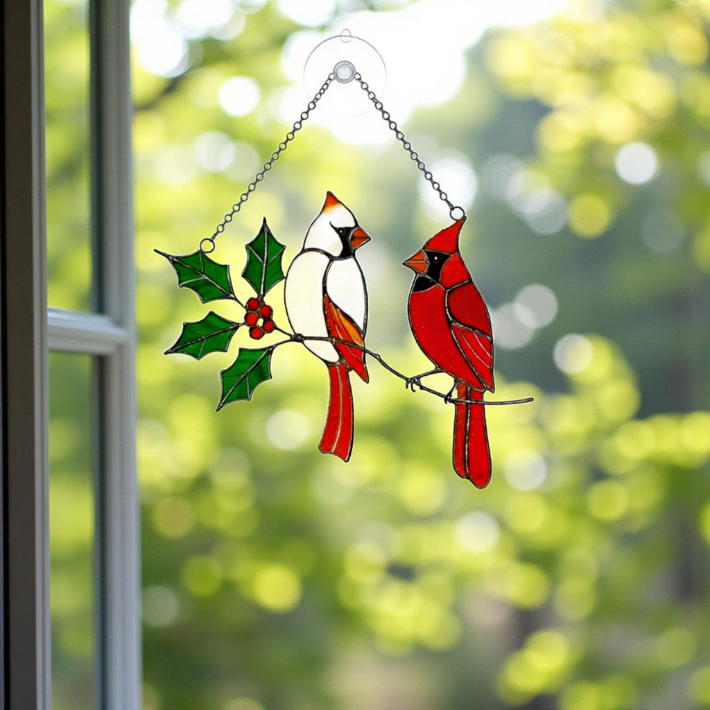 "Spring Robin" stained glass bird suncatcher, red robin on branch, handmade window hanging, unique gift for nature lovers.